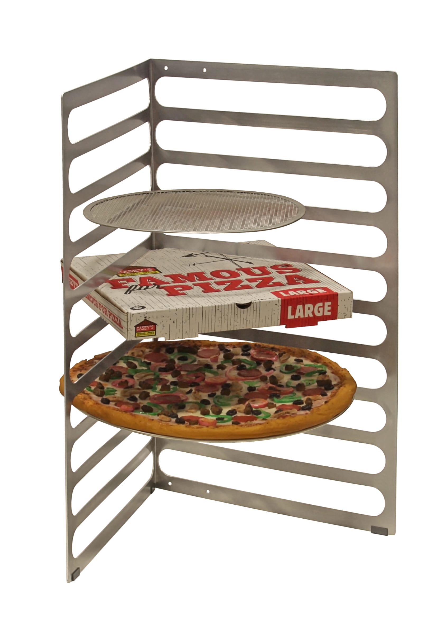 Table Top or Wall Mount Pizza Rack with pizza and pans